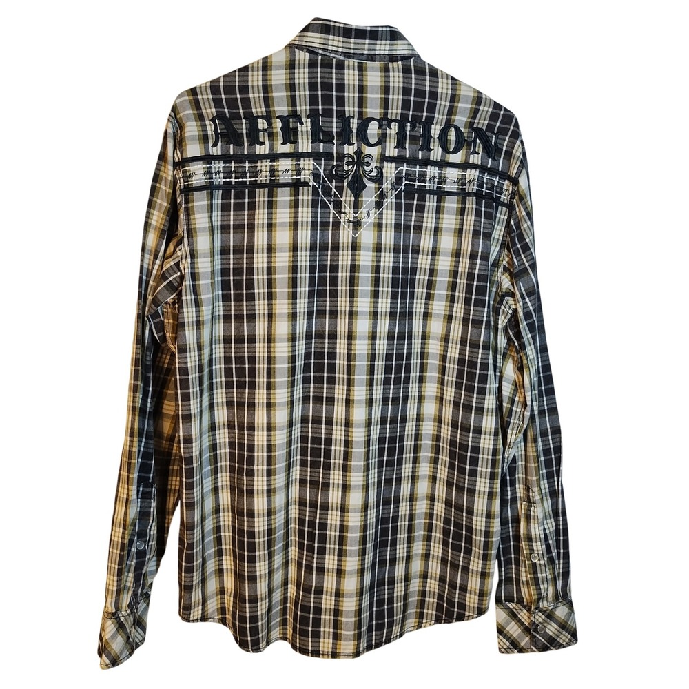 Affliction Pearl Snap Black Premium Men MD Plaid Long Sleeve Button‎ Up Double